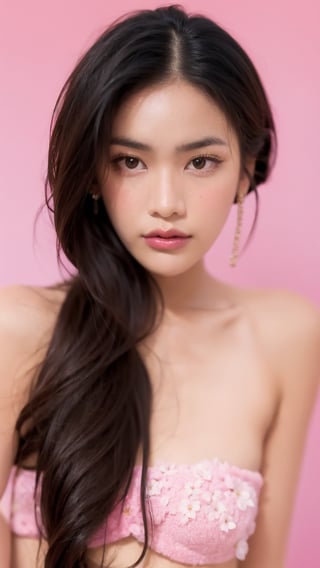 Portrait of thai girl,looking at viewer,flower behind her ear,(pink tube top),(((pink simple background))), realistic portrait, ((profile portrait))