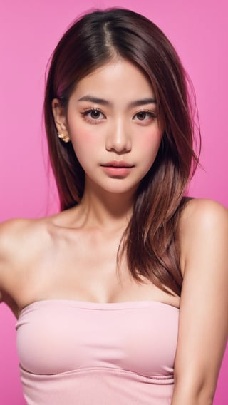 Portrait of thai girl,looking at viewer,flower behind her ear,(pink tube top),(((pink simple background))), realistic portrait, ((profile portrait))