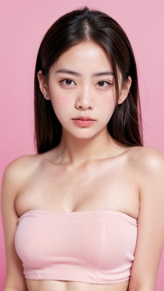 Portrait of thai girl,looking at viewer,flower behind her ear,(pink tube top),(((pink simple background))), realistic portrait, ((profile portrait))