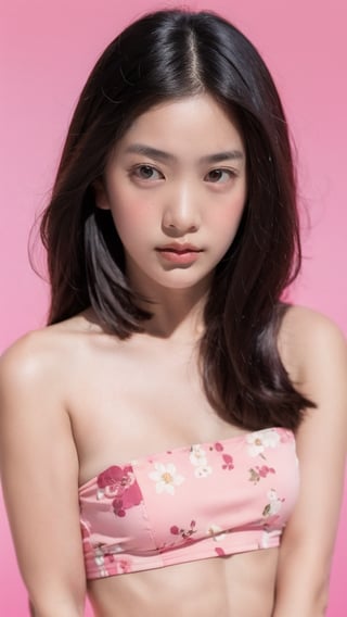 Portrait of thai girl,flower behind her ear,(pink tube top),(((pink simple background))), realistic portrait, ((profile portrait))