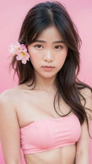 Portrait of thai girl,looking at viewer,flower behind her ear,(pink tube top),(((pink simple background))), realistic portrait, ((profile portrait))