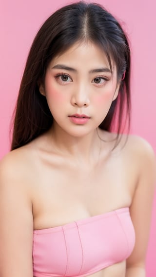 Portrait of thai girl,looking at viewer,flower behind her ear,(pink tube top),(((pink simple background))), realistic portrait, ((profile portrait))