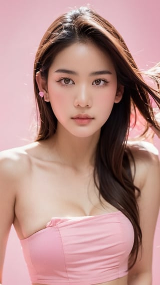 Portrait of thai girl,looking at viewer,flower behind her ear,(pink tube top),(((pink simple background))), realistic portrait, ((profile portrait))