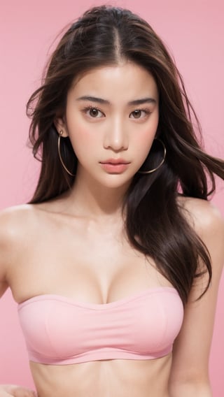 Portrait of thai girl,looking at viewer,flower behind her ear,(pink tube top),(((pink simple background))), realistic portrait, ((profile portrait))