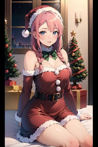 (Best Picture Quality, High Quality, Best Picture Score: 1.3), , Perfect beautiful woman,pink hair,long hair,(Decorate the room with Santa Claus for Christmas.),the whole body Beautiful Girl, Cute, ,Fantastic Landscapes,Christmas tree, a cozy fireplace