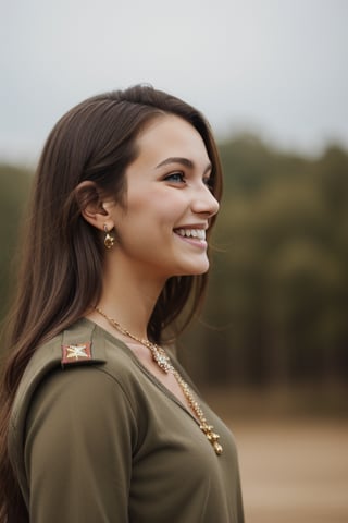 looking straight ahead, side_view,1girl, military_uniform, solo, long hair, smile, brown hair, jewelry, necklace,
,warrior