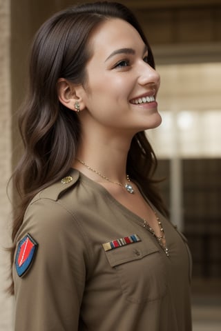 looking straight ahead, side_view,1girl, military_uniform, solo, long hair, smile, brown hair, jewelry, necklace,
,warrior