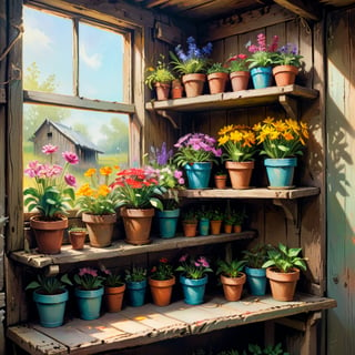 Acrylic painting illustration of old wooden shelf filled with potted flowers and other plants near a sunny window, inside a shack. vibrant colors, rough paintbrush, art by Rembrandt, art by Van Gogh     