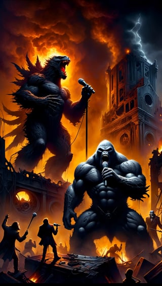 A masterful composition, a dark and gritty but luminous digital fantasy painting in the style of Brom, Godzilla and King Kong hold a microphones singing a duet at a rock concert on top of the wreckage of a smoldering city, HDR, 8k, extremely detailed, detailed background, high contrast, bold negative spaces, cinematic, complex and multidimensional lighting, epic,  