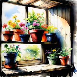 Painting, watercolor, pencil drawing, vibrant colorful sketch of old wooden shelf filled with potted flowers and other plants near a sunny window, inside a shack, Art by Kim Jung-Gi. 