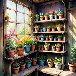 Painting, watercolor sketch illustration of old wooden shelf filled with potted flowers and other plants near a sunny window, inside a shack. vibrant colors, art by Kim Jung-Gi, 