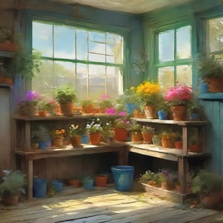 Painting, rough sketch illustration of old wooden shelf filled with potted flowers and other plants near a sunny window, inside a shack. vibrant colors, art by Kim Jung-Gi, ,digital painting