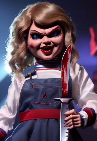 Taylor Swift as a Chucky Doll, holding a knife