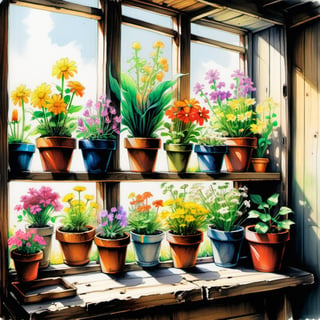 Painting, pencil drawing, vibrant colorful sketch of old wooden shelf filled with potted flowers and other plants near a sunny window, inside a shack, Art by Kim Jung-Gi. 