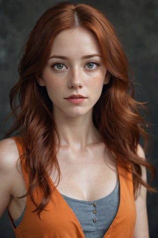 a portrait of a young woman with long red hair, wearing an orange sleeveless top and earrings. her eyes are blue, and she has freckles on her face. her hair is wavy and cascading down her shoulders. the background is a dark gray wall.