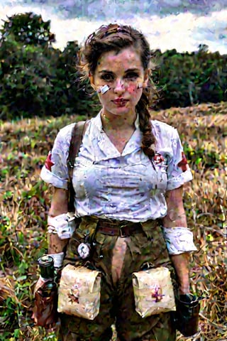 A young woman , cute and sexy. A battle-hardened medic stands ready at a field station during a wartime mission, fully equipped with his med kit, bandages rolled tightly and syringes prepared. His unflinching eyes stare straight into the lens of the camera, conveying both the determination to save lives amidst the chaos of conflict and the empathy for those who have been wounded in combat. The medic's life is defined by two conflicting desires: a commitment to his fellow soldiers and a need to preserve their humanity in even the darkest times.