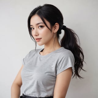 in a medium shot, a young woman with long black hair is captured in front of a white wall. she's dressed in a gray t-shirt that features a cut-out neckline and short sleeves. the shirt is adorned with a black belt around her waist, adding a touch of elegance to her ensemble. her hair is tied back into a ponytail, and she wears a pair of silver earrings on each ear. her eyes are wide open, and her mouth is slightly ajar, revealing a hint of a smile.