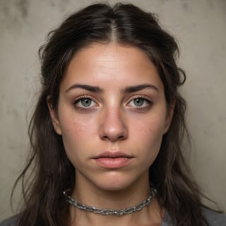 A mugshot of a woman, her expression a mix of defiance and resignation, is captured in a stark, unforgiving light. Her eyes seem to bore into the camera, as if daring anyone who dares to look at her to judge her harshly. A faint hint of desperation clings to her features, like the lingering haze of marijuana smoke. The background is a dull, institutional gray, reflecting the bleakness of her circumstances. In the foreground, a faint outline of handcuffs and chains serves as a stark reminder of her arrest for prostitution and possession of marijuana. Her face, once full of life and vitality, now seems drained of all color, much like the monotony of the prison walls.