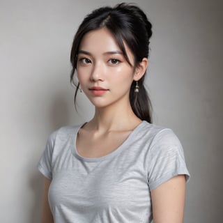 Medium shot of a young woman standing in front of a white wall, framed by the clean lines of architecture. Soft lighting casts a gentle glow on her porcelain skin. She wears a gray t-shirt with a cut-out neckline and short sleeves, cinched at the waist by a sleek black belt. Her long black hair is tied back into a ponytail, with a few loose strands framing her face. Silver earrings sparkle on each ear as she gazes up, her eyes wide open and her mouth slightly ajar in a subtle, enigmatic smile.