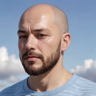 a close-up, eye-level shot captures a middle-aged man with a bald head and a goatee. his eyes are closed, and he's looking down, as if in contemplation. his face is slightly tilted to the left, adding depth to the image. his hair is gray and sparse, with a few strands sticking out from the top of his head. his beard is white and bushy, adding texture to his facial features. his shirt is light blue, with a white stripe running across the chest. the background is a pale blue sky, with wispy clouds scattered across it.