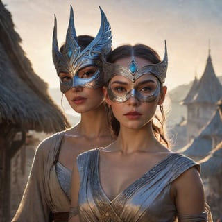 An ethereal, beautiful sorceress played by Rey Anders and Anya Taylor, donning an intricate mask, strikes a glamour pose in an elaborate, serene village on the last day of Ataly. The scene is drawn by Andrei W Guangj Maximenko with intricate details and highly realistic lighting, revealing a serene yet mystical atmosphere that captures her winning photorealistic essence.