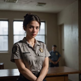 A mugshot of a woman with a solemn expression, her eyes cast downward as she sits in a dimly lit room. The fluorescent lights above reflect off the metal table, casting an eerie glow on her features. Her dark hair is pulled back, revealing a stern face. A hint of desperation creeps into her eyes, while her arms rest calmly at her sides. In the background, a blurry figure of a police officer stands guard, a symbol of authority and consequence. The woman's hands are cuffed in front of her, a stark reminder of her situation: arrested for prostitution and possession of marijuana.