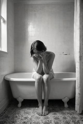 A somber black and white photograph frames a young woman's introspective moment, as she sits in a worn bathtub, her head bowed in despair, tears flowing freely down her face. The tile surround and shower curtain provide a stark contrast to the turmoil within. In the background, a tiled wall serves as a subtle reminder of the isolation. The text overlay, 'Act reproductive and keep being hard', adds a jarring layer of complexity to this poignant scene.