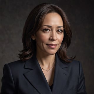 Kamala Harris, Vice President of the United States, exudes confident elegance in a medium shot against a dark background. Soft box lighting creates a flattering glow on her mature beauty, accentuating her silver fox hair and natural makeup. Her direct eye contact and subtle smile convey approachability and seriousness. A high-end camera captures her portrait with an 80mm lens at f/1.4, producing a shallow depth of field and film grain texture. The Canon EOS 5DS R, ISO 100, and 6x7cm medium format film ensure natural skin tones and color accuracy. No retouching or graphics are applied, allowing her mature presence to shine.