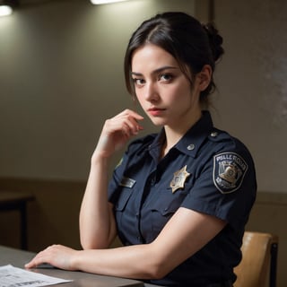 A mugshot of a woman with a solemn expression, her eyes cast downward as she sits in a dimly lit room. The fluorescent lights above reflect off the metal table, casting an eerie glow on her features. Her dark hair is pulled back, revealing a stern face. A hint of desperation creeps into her eyes, while her arms rest calmly at her sides. In the background, a blurry figure of a police officer stands guard, a symbol of authority and consequence. The woman's hands are cuffed in front of her, a stark reminder of her situation: arrested for prostitution and possession of marijuana.