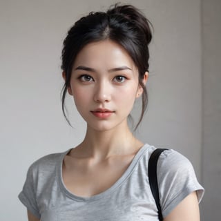 Medium shot of a young woman standing in front of a white wall, framed by the clean lines of architecture. Soft lighting casts a gentle glow on her porcelain skin. She wears a gray t-shirt with a cut-out neckline and short sleeves, cinched at the waist by a sleek black belt. Her long black hair is tied back into a ponytail, with a few loose strands framing her face. Silver earrings sparkle on each ear as she gazes up, her eyes wide open and her mouth slightly ajar in a subtle, enigmatic smile.