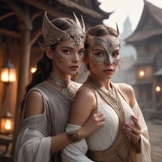 An ethereal, beautiful sorceress played by Rey Anders and Anya Taylor, donning an intricate mask, strikes a glamour pose in an elaborate, serene village on the last day of Ataly. The scene is drawn by Andrei W Guangj Maximenko with intricate details and highly realistic lighting, revealing a serene yet mystical atmosphere that captures her winning photorealistic essence.