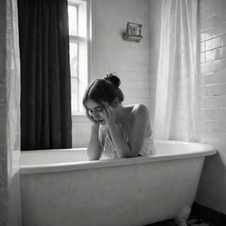 A somber black and white photograph frames a young woman's introspective moment, as she sits in a worn bathtub, her head bowed in despair, tears flowing freely down her face. The tile surround and shower curtain provide a stark contrast to the turmoil within. In the background, a tiled wall serves as a subtle reminder of the isolation. The text overlay, 'Act reproductive and keep being hard', adds a jarring layer of complexity to this poignant scene.