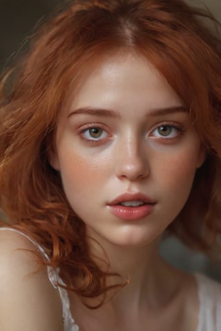 A delicate close-up captures the essence of a young girl with fiery red locks, her features illuminated by an ethereal soft glow. The fuzzy ambiance wraps around her, as if infused with a whimsical aura. In this photobashed masterpiece, Antoni Pitxot's portrait showcases the subject's endearing face, her gaze direct and engaging, set against a subtle gradient of creamy whites.