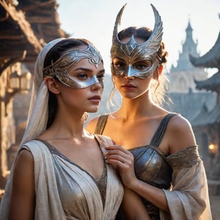 An ethereal, beautiful sorceress played by Rey Anders and Anya Taylor, donning an intricate mask, strikes a glamour pose in an elaborate, serene village on the last day of Ataly. The scene is drawn by Andrei W Guangj Maximenko with intricate details and highly realistic lighting, revealing a serene yet mystical atmosphere that captures her winning photorealistic essence.