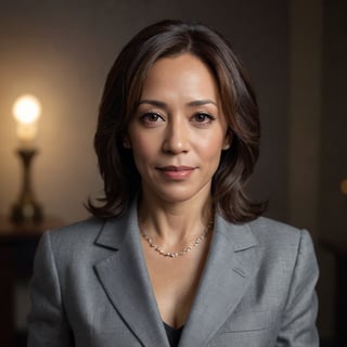 Kamala Harris, Vice President of the United States, exudes confident elegance in a medium shot against a dark background. Soft box lighting creates a flattering glow on her mature beauty, accentuating her silver fox hair and natural makeup. Her direct eye contact and subtle smile convey approachability and seriousness. A high-end camera captures her portrait with an 80mm lens at f/1.4, producing a shallow depth of field and film grain texture. The Canon EOS 5DS R, ISO 100, and 6x7cm medium format film ensure natural skin tones and color accuracy. No retouching or graphics are applied, allowing her mature presence to shine.