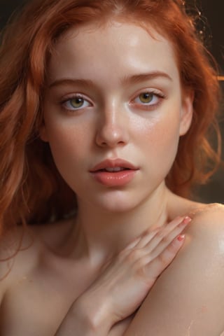 A tenderly lit close-up captures the endearing features of a young girl with fiery red locks, her bright gaze sparkling beneath an ethereal soft glow. Antoni Pitxot's artistic hand guides us through a dreamy atmosphere, as this photobashed portrait presents a winsome subject, bathed in a fuzzy radiance that accentuates her sweet innocence.