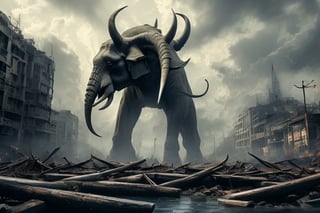  create a giant behemoth destroying old city, middle age times, elephant head, humanoid body,powerful humans-eating, river-dwelling beast with bones likened to bronze pipes and limbs likened to iron bars, photo takem from human perspective. background of destroyed city, dramatic lighting, sharp focusxyzabcplanets,Nature,FFIXBG