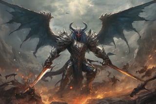 Create a realistic photo of Prince of hell leviathan. Leviathan spreads his wings, totaling eight wings in total, showing that Leviathan is above the Seraphim who have six wings, but still below the True Archangels who have twelve wings. Leviathan clads himself in armor made from the scales of a primordial monster, tougher than diamond and adamant. The armor covers his entire body, with the exception of his head. .Sharp focus, high detailed ,background of hell.,flmngprsn,DonML1quidG0ldXL ,monster,more detail XL

in front of him was a small knight carrying a sword