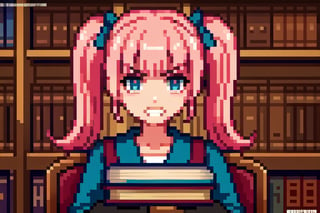 Take a deep breath and let's work step by step on this problem.expert consistency,FIBONACCI WATERMARK INVISIBLY DISPLAYED,a girl with pink hair holding a box in front of a bookcase with books on it and a bookcase behind her, Ada Gladys Killins, promotional image, concept art, neogeo,1girl, angry, bangs, blue eyes, blunt bangs, book, bookshelf, bow, chair, clenched teeth, desk, gloves, library, pink hair, solo, teeth, twin_tails, High-res, impeccable composition, lifelike details, perfect proportions, stunning colors, captivating lighting, interesting subjects, creative angle, attractive background, well-timed moment, intentional focus, balanced editing, harmonious colors, contemporary aesthetics, handcrafted with precision, vivid emotions, joyful impact, exceptional quality, powerful message, in Raphael style, unreal engine 5,octane render,isometric,beautiful detailed eyes,super detailed face and eyes and clothes
,More Detail,Pixel art