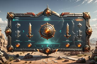 Attack skill button ,Simple Horizontal UI frame for a mobile game menu where the menu is divided to 3 section, the middle section is the widest, isolated ,The style should be realistic, focusing on creating a high-definition scenic painting.,Movie Still,Renaissance Sci-Fi Fantasy