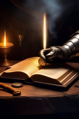 fantasy, hands with leather gloves, hold a large closed leather book carved with gold on its cover, an antique silver key rests on it, a seal and sealing wax on papers at its side, all wrapped in a translucent smoke of golden lights. that create a magical medieval atmosphere of knights and kings