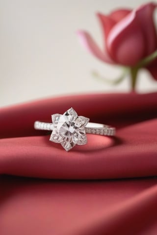 engagement ring, on red cloth, light wall background, pink flower beside
​Ver detalle