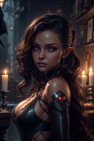 amoled ultra realistic hd photo of a cyborg succubus, RAW,

extra long wavy brown hair candlelight reflections, red glowing vampiric eyes, expressive face,

rpg scenery, elder scrolls online concept art inspired, thieves guild, dungeon, mold, slimy, wet, raining, 

(PnMakeEnh)

dynamic camera angle, from below,

artwork by sweetroll