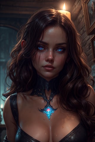 amoled ultra realistic hd photo of a cyborg succubus, RAW,

extra long wavy brown hair candlelight reflections, red glowing vampiric eyes, expressive face,

rpg scenery, elder scrolls online concept art inspired, thieves guild, dungeon, mold, slimy, wet, raining, 

(PnMakeEnh)

dynamic camera angle, from below,

artwork by sweetroll