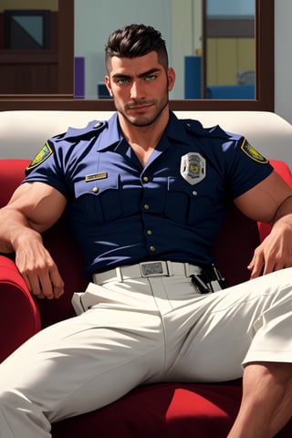 Portrait of Chilean man, he is from Chile, he is in his 30's, he is very handsome, he is very hairy, he is very viril, he is very sexy, he is very muscular, he is very manly, he is bulky, he is a police, he is wearing a police outfit in a sexy way, his shirt is open showing his hairy big muscle chest, he have a sexy pose while he is sitting in a sofa, small discret male bulge, he have military haircut, his hair it's dark brown, he is happy to see you, he have green dark eyes, he is shaved no facial hair, he is sitting in a Chilean house living room and is afternoon