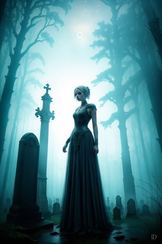 {{A haunting depiction of a young woman}} with intense green eyes, clad in elegant Victorian attire, stands amidst a fog-shrouded graveyard, surrounded by towering tombstones and gnarled trees. This is a gothic-inspired image that embodies the {((subject description))} and their connection to the eerie beauty of the supernatural. The environment/background should be a misty graveyard, enveloped in darkness and mystery, to evoke a sense of foreboding and fascination. The image should be in the style of a digital illustration, drawing inspiration from Gothic literature and dark romanticism. The medium shot, captured with a medium telephoto lens, will provide a balanced view of the atmospheric setting and the enigmatic figure. The lighting should be moody, with shafts of moonlight piercing through the fog to illuminate key elements of the scene. The desired level of detail is high with a resolution suitable for print, allowing for the exploration of both the gothic setting and the haunting presence of the subject. The goal is to create an image that captivates viewers with its dark beauty and evocative atmosphere, inviting them to delve into the mysteries of the night.
