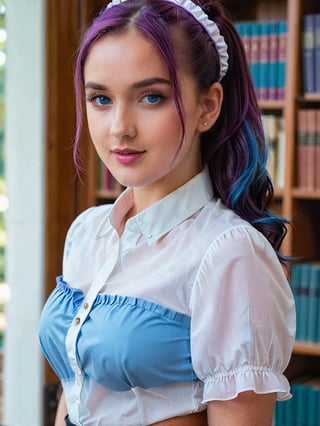 A close-up shot of a stunning young woman with vibrant purple hair styled in a ponytail and frilled hair band, her piercing blue eyes half-opened as she gazes directly at the viewer. She stands confidently inside a cozy library setting, wearing a crisp white button-down shirt with short sleeves, paired with high-waisted blue shorts and a black belt. Her curves are accentuated by brown pantyhose, showcasing her impressive figure. A warm smile plays on her lips as she poses, radiating confidence and charm.