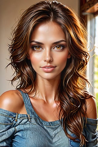 brown_hair,beautiful_hair,brown_eyes,beautiful_eyes,1_beautiful_girl,cute_face,pretty_face,beautiful_face,beautiful,best_quality,good_anatomy,one-shoulder top,Skinny jeans,brown_boots
