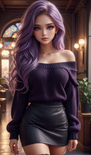 girlwith long light purple hair, highly detailed face, highly detailed eyes, long black hair, pretty face, brown eyes, black short skirt and long-sleeved black sweater, short black off shoulder sweater, big boobs, beauty mark, purple eyes, femininity, pride, beautiful posture