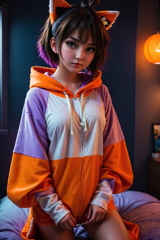 raw photo, upper body photo, a cute anime fan, (canadian, mexican:0.9), [two-toned purple, brunette hair color| messy hair cut], 21yo, sweet, (portly body, innocent:0.7), realistic skin texture, (wearing an orange anime onesie:1.1), softcore, (dimly lit, night, dark, moody atmosphere:0.9), (happy:0.5), instagram style, (girly bedroom, anime posters:1.1), highly detailed photography, (muted colors, cinematic, dim colors, soothing tones:1.2), vibrant, insanely detailed, hyperdetailed, (dark shot:1.2), (vsco:0.3), 75mm